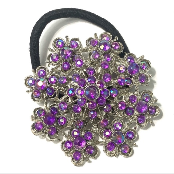 Ponytail Holder Brooch Purple Rhinestones 2 In 1 Snowflake - Picture 1 of 2